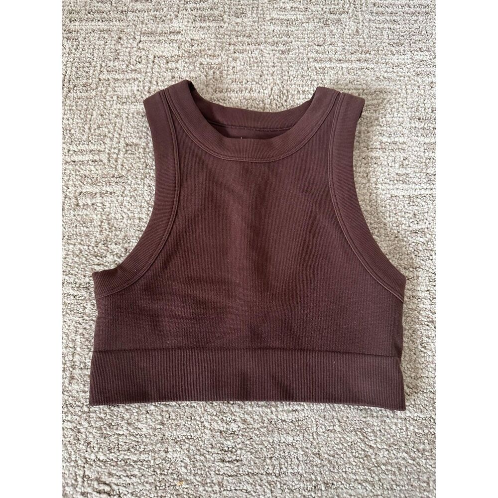 Aerie Seamless Crop Tank Top Brown XS Medium Support Ribbed Sports Bra Yoga Gym